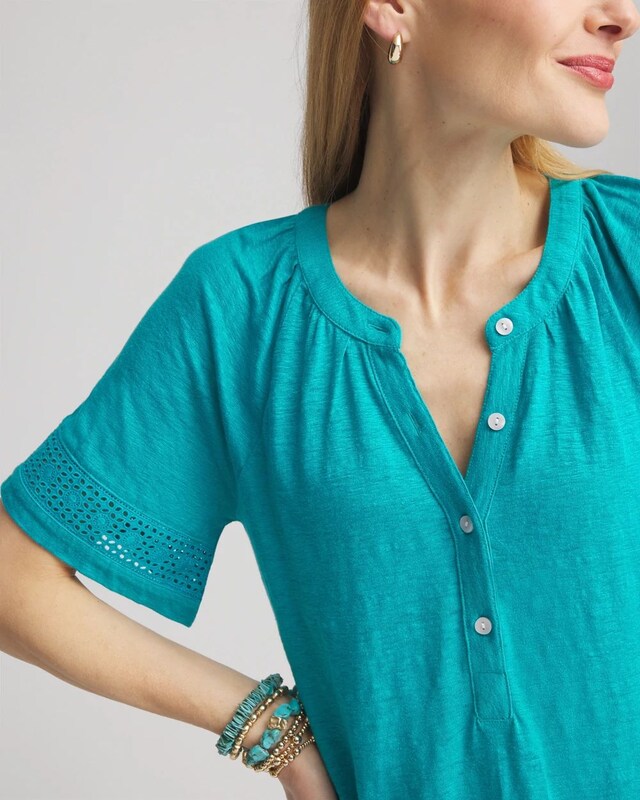 Linen Lace-Cutwork Sleeve Henley Tee - image 4